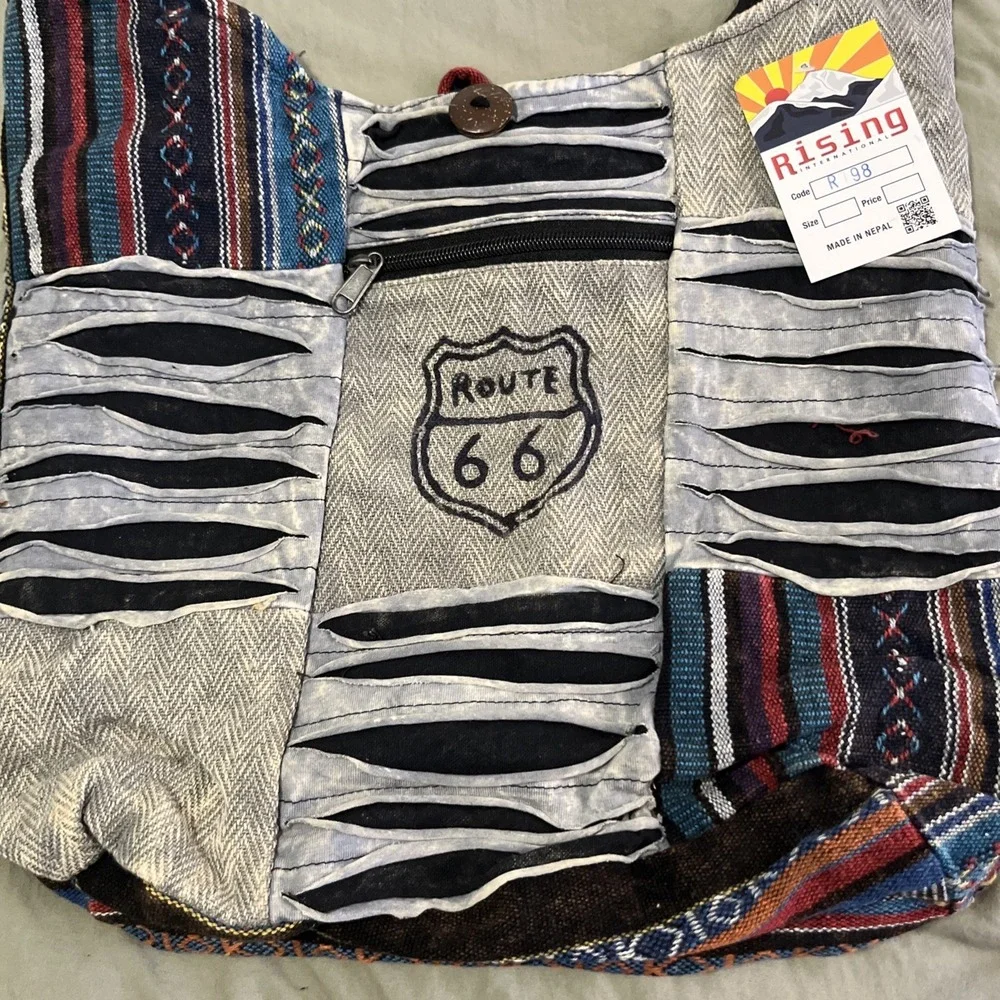 ROUTE 66  RISING INTER Boho  Bag FAIR TRADE Nepal THREE OUTSIDE POCKETS